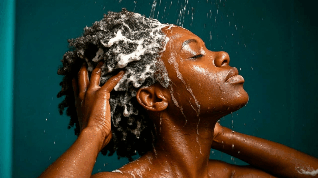 woman washing natural hair shower