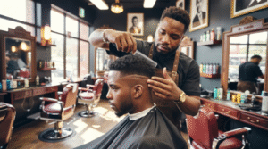 Barber near Jumeirah giving a precise skin fade haircut inside a modern Dubai barbershop.