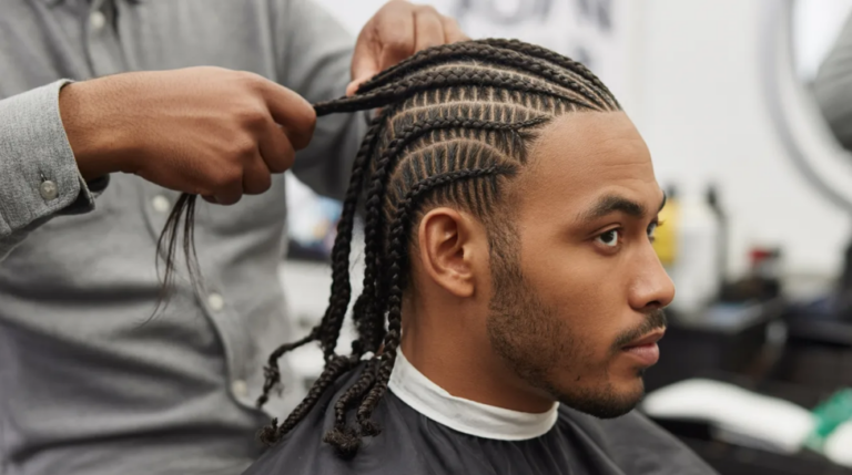 Man getting cornrow braids styled at a Dubai barbershop for a clean, modern braided look