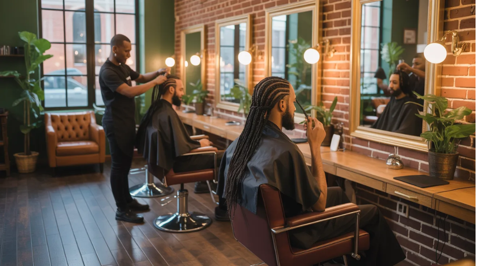 Hair braiding service in Jumeirah, Dubai with stylist and two customers.